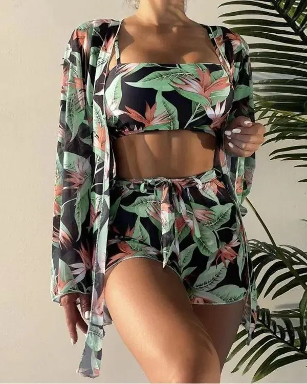 3PCS Tropical Print Bikini Set With Cover Up