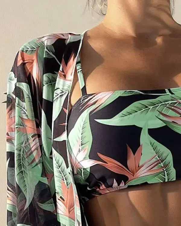 3PCS Tropical Print Bikini Set With Cover Up