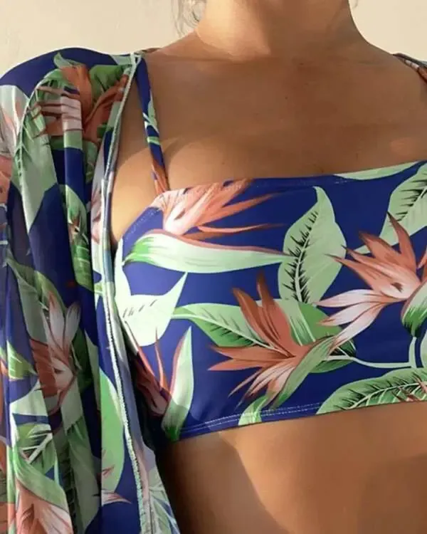 3PCS Tropical Print Bikini Set With Cover Up