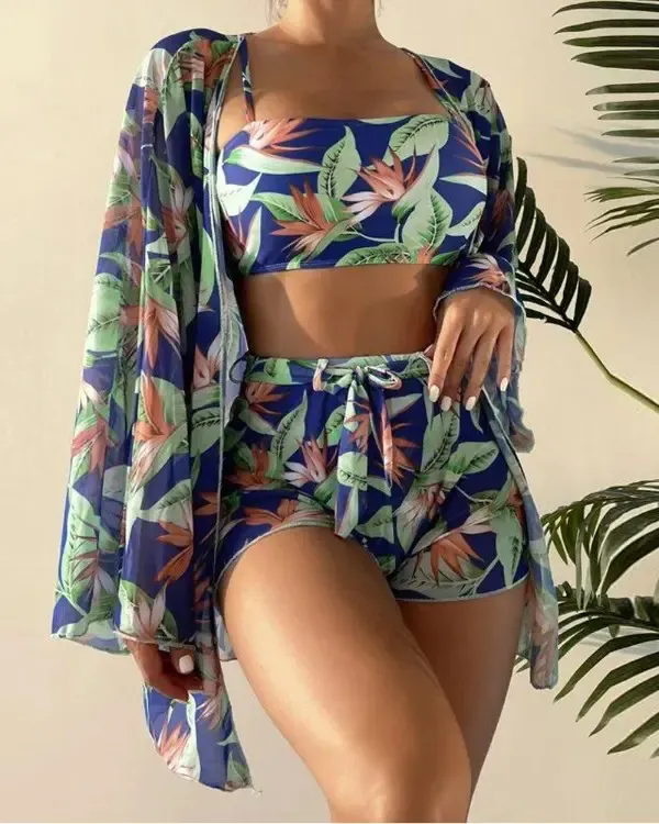 3PCS Tropical Print Bikini Set With Cover Up
