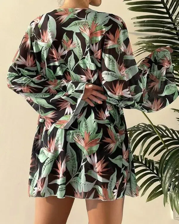 3PCS Tropical Print Bikini Set With Cover Up