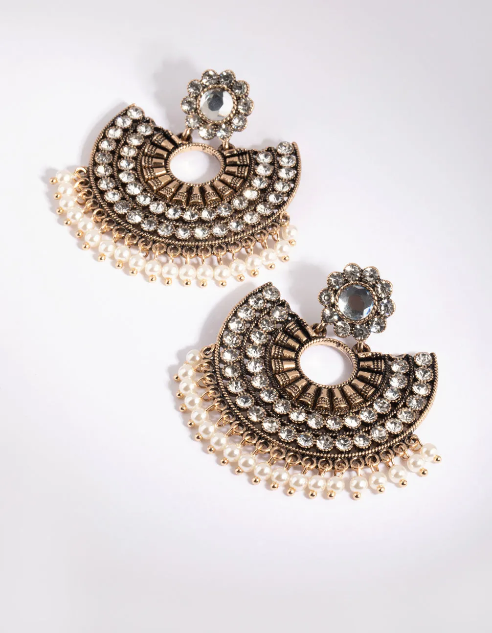Antique Gold Diamante & Pearl Chandbali Earrings
