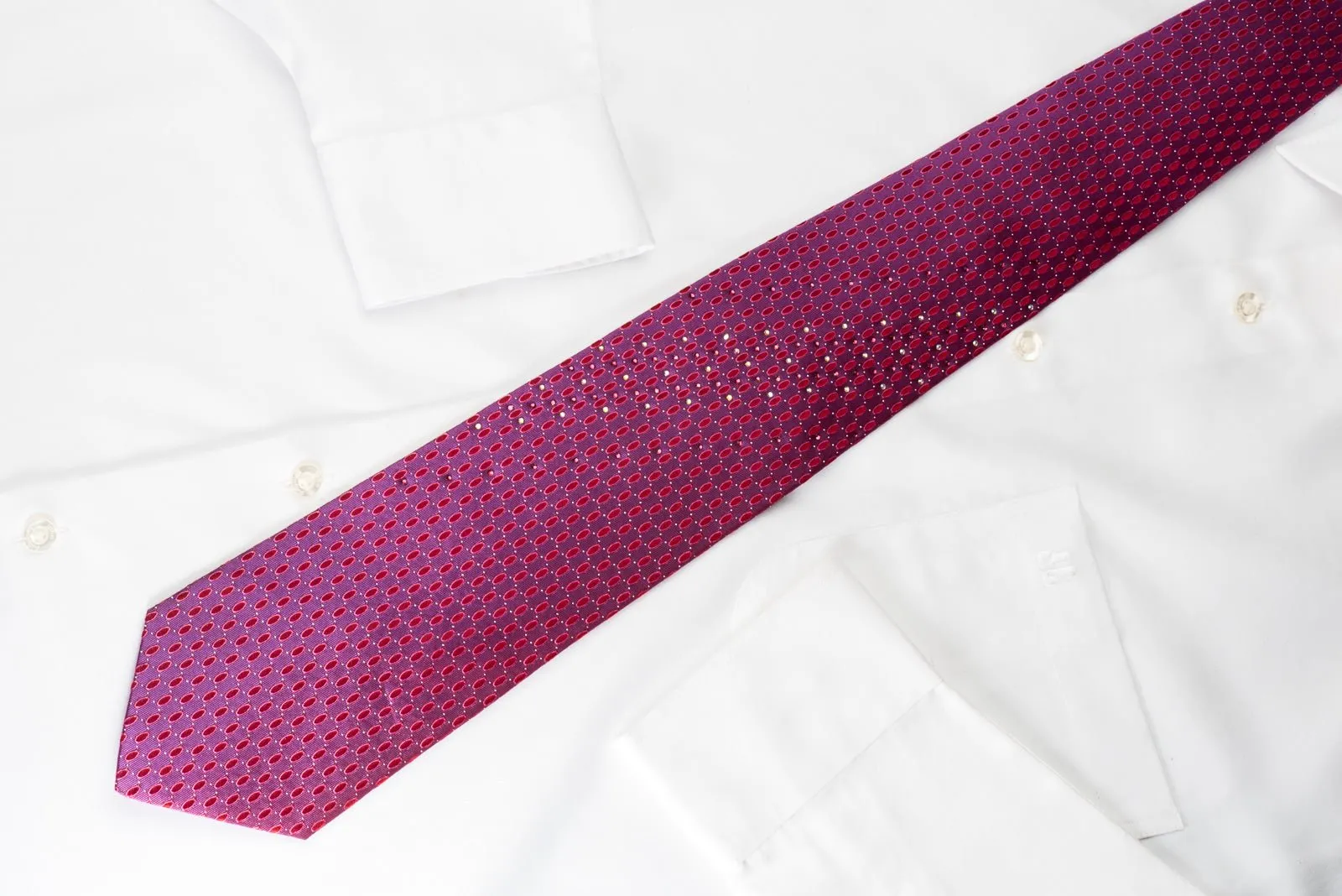 Aquascutum Silk Rhinestone Necktie Geometric Ovals On Purple With Silver Sparkles