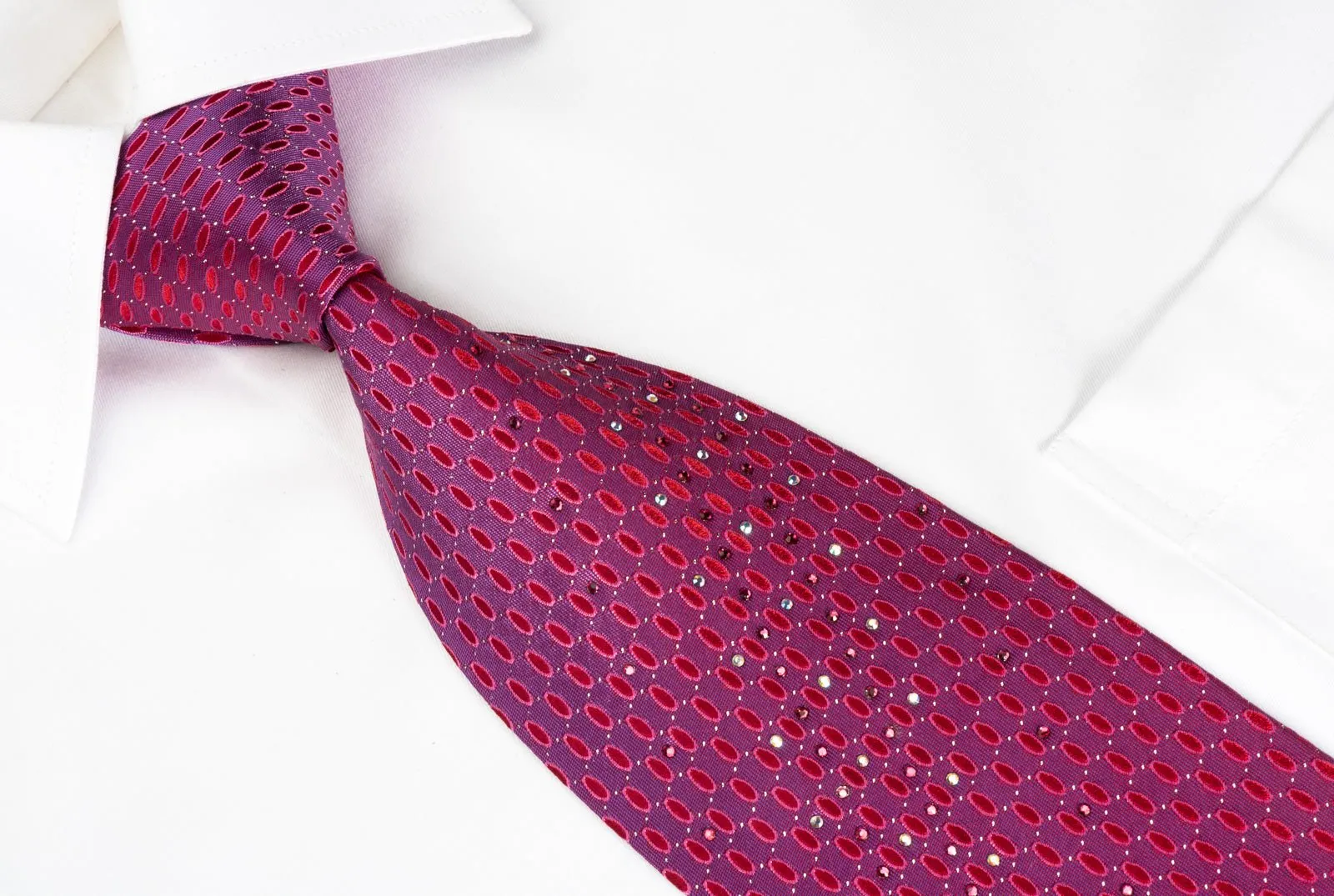 Aquascutum Silk Rhinestone Necktie Geometric Ovals On Purple With Silver Sparkles