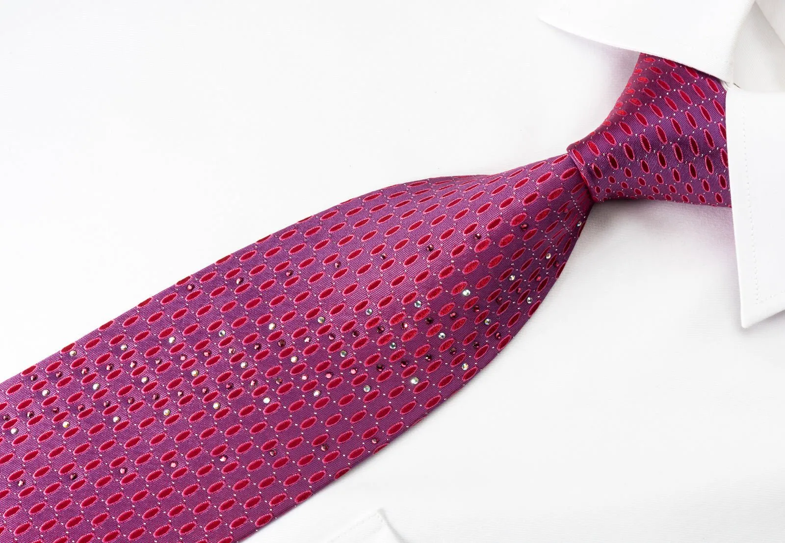 Aquascutum Silk Rhinestone Necktie Geometric Ovals On Purple With Silver Sparkles