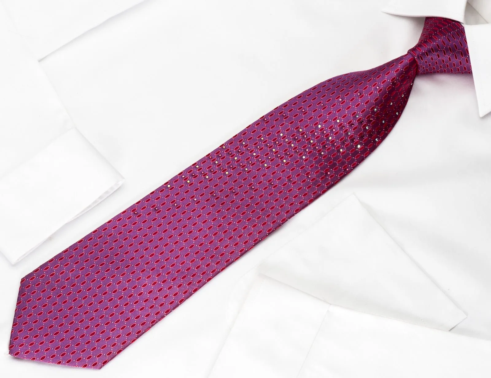 Aquascutum Silk Rhinestone Necktie Geometric Ovals On Purple With Silver Sparkles