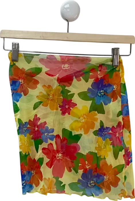 ASOS Yellow Floral Print Bikini Set And Matching Mesh Cover Up Skirt UK 6