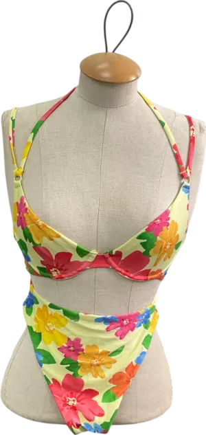 ASOS Yellow Floral Print Bikini Set And Matching Mesh Cover Up Skirt UK 6