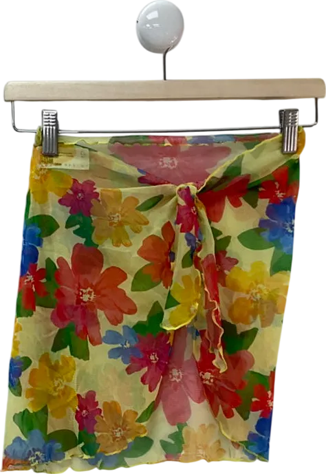 ASOS Yellow Floral Print Bikini Set And Matching Mesh Cover Up Skirt UK 6