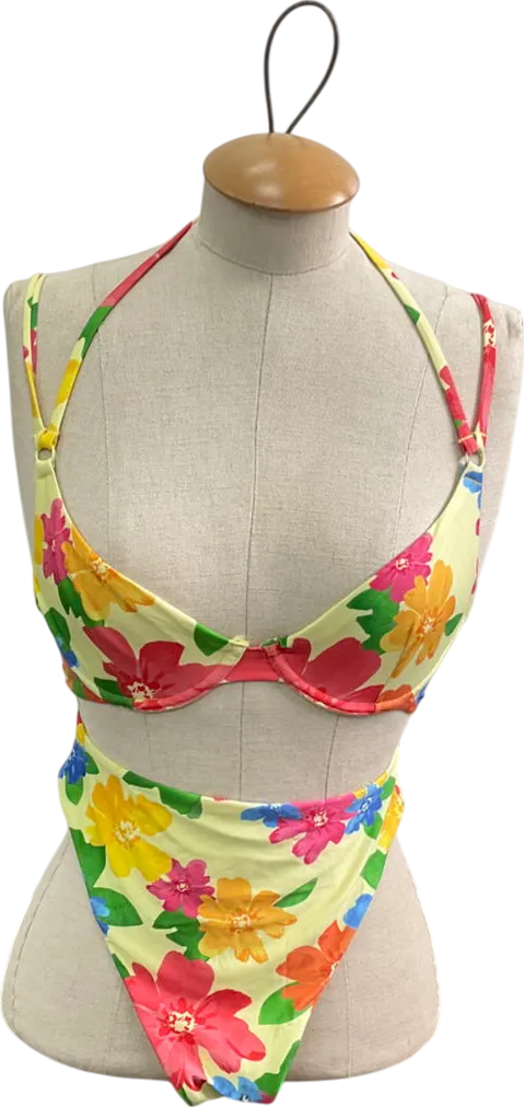 ASOS Yellow Floral Print Bikini Set And Matching Mesh Cover Up Skirt UK 6