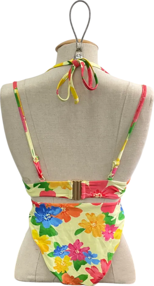 ASOS Yellow Floral Print Bikini Set And Matching Mesh Cover Up Skirt UK 6