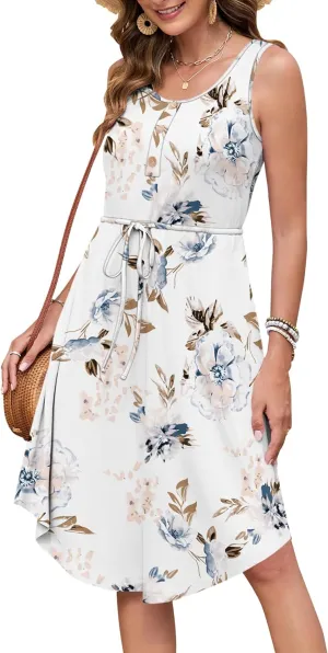 AUSELILY Drawstring Waist Dress for Women Sleeveless Sundress Casual Summer Scoop Neck Swing Midi Dresses 2025 with Pockets