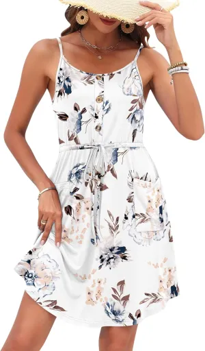 AUSELILY Womens Summer Dresses 2025 Adjustable Spaghetti Strap Sundress Drawstring Waist Beach Cover Ups with Pockets