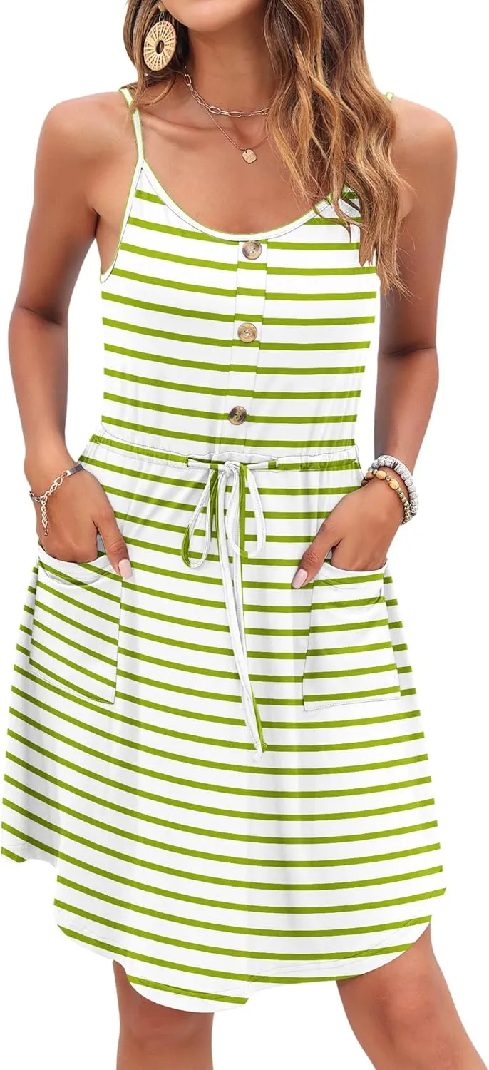 AUSELILY Womens Summer Dresses 2025 Adjustable Spaghetti Strap Sundress Drawstring Waist Beach Cover Ups with Pockets