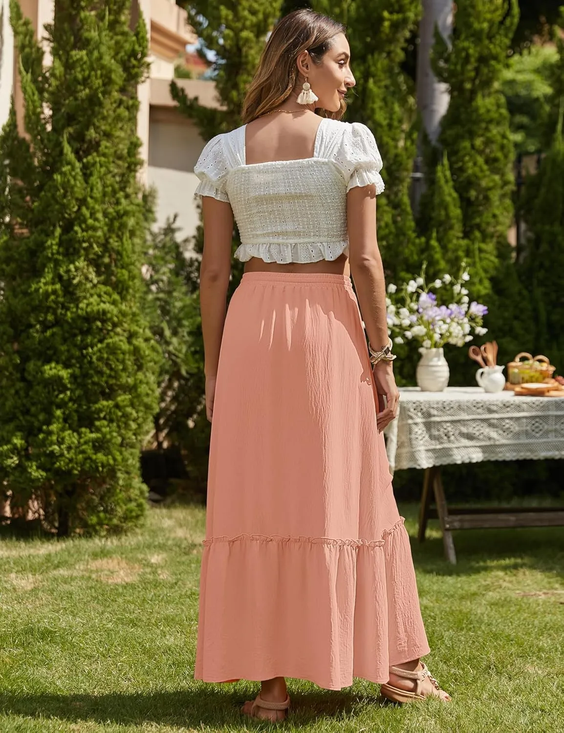 Bluetime Women Flowy Long Skirt Summer Pleated Elastic High Waisted Casual Tiered Maxi Skirt