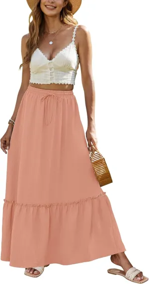 Bluetime Women Flowy Long Skirt Summer Pleated Elastic High Waisted Casual Tiered Maxi Skirt