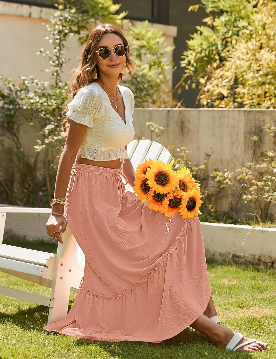 Bluetime Women Flowy Long Skirt Summer Pleated Elastic High Waisted Casual Tiered Maxi Skirt