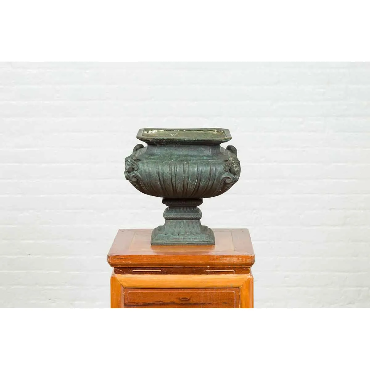 Bronze Planter with Figures, Gadroon Motifs and Verde Patina