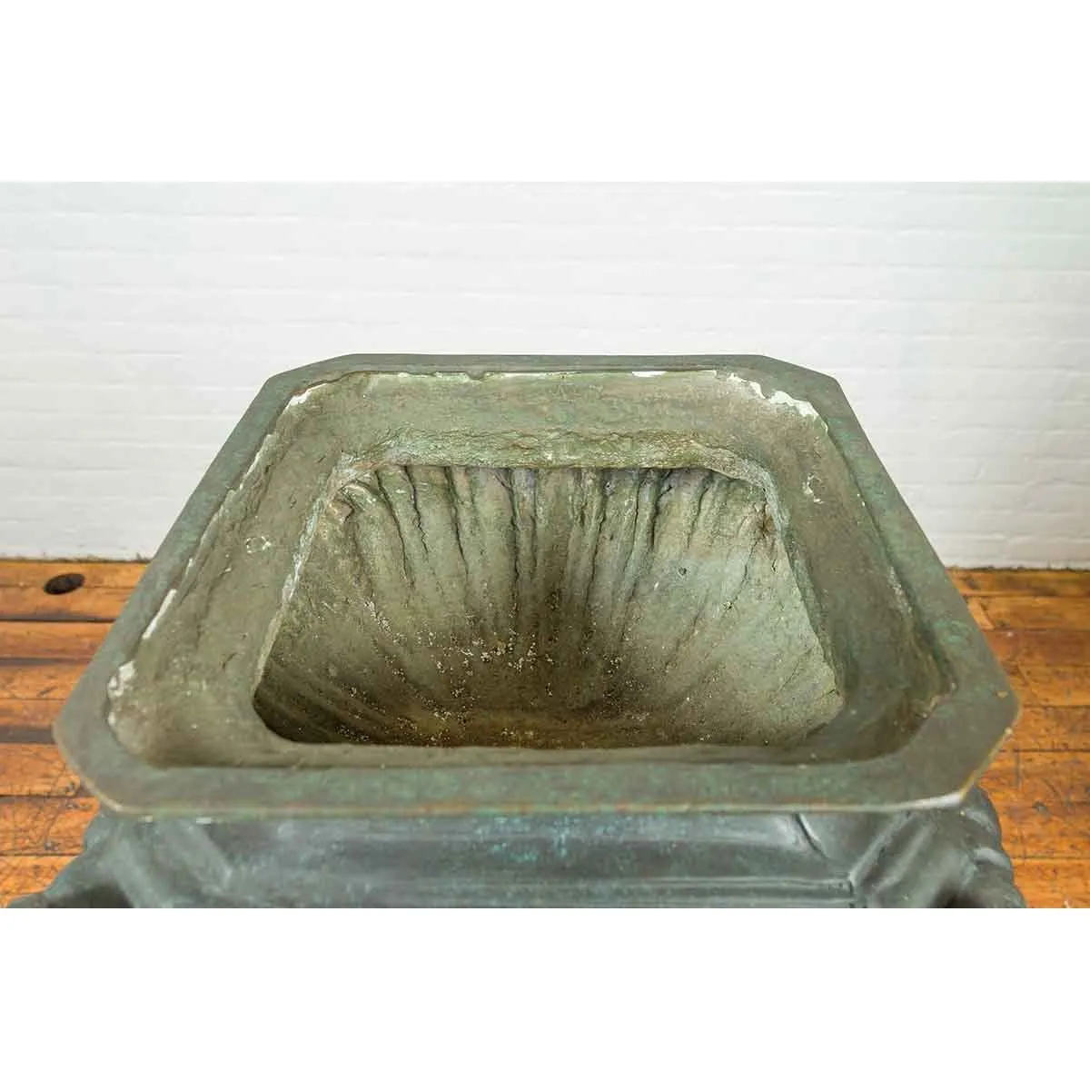 Bronze Planter with Figures, Gadroon Motifs and Verde Patina