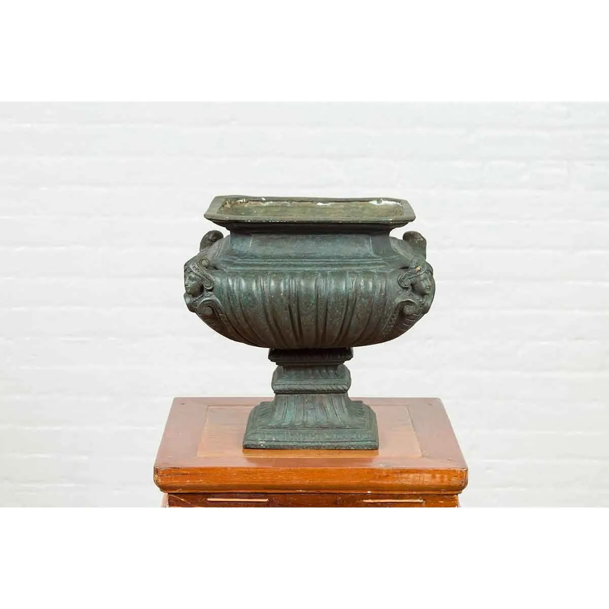 Bronze Planter with Figures, Gadroon Motifs and Verde Patina
