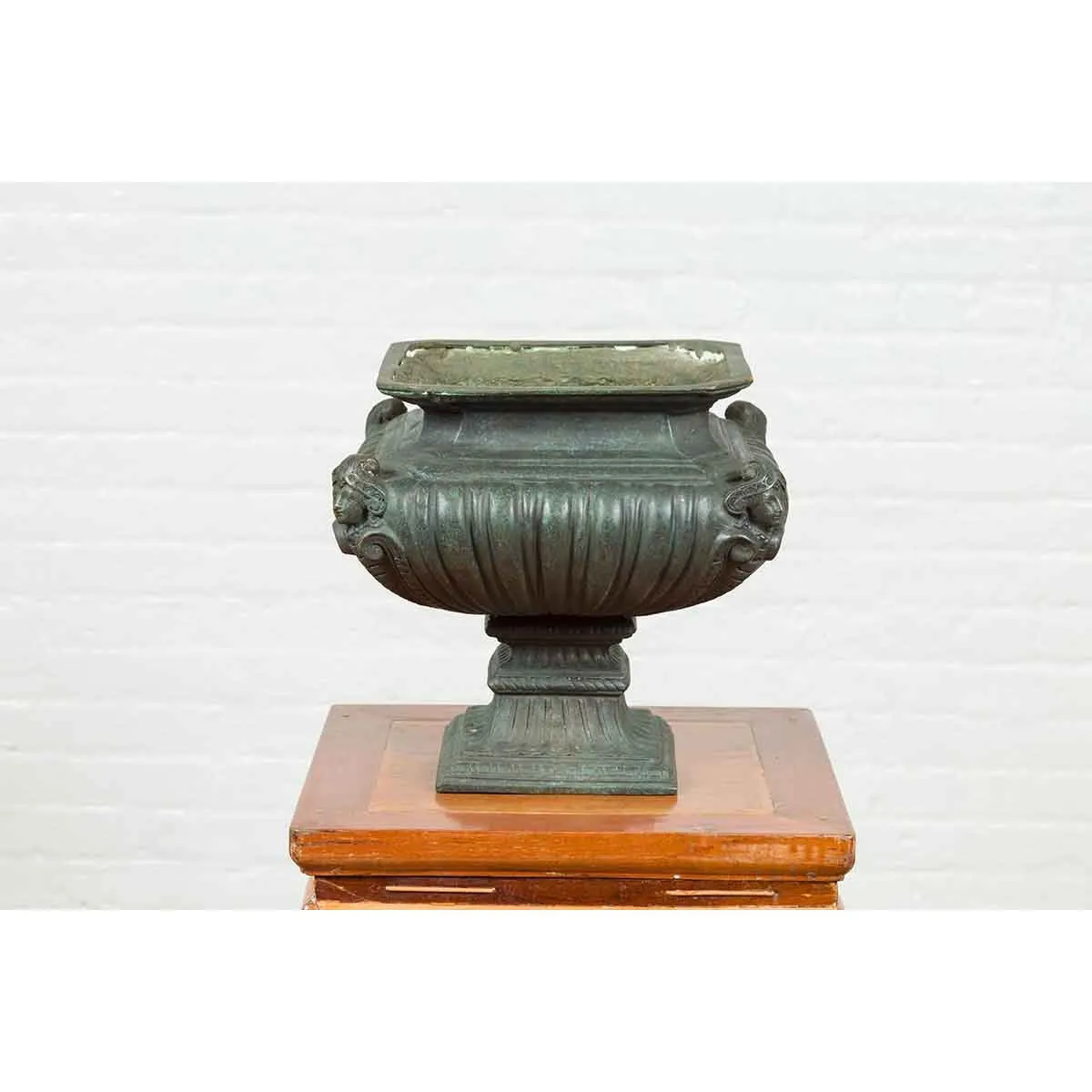 Bronze Planter with Figures, Gadroon Motifs and Verde Patina