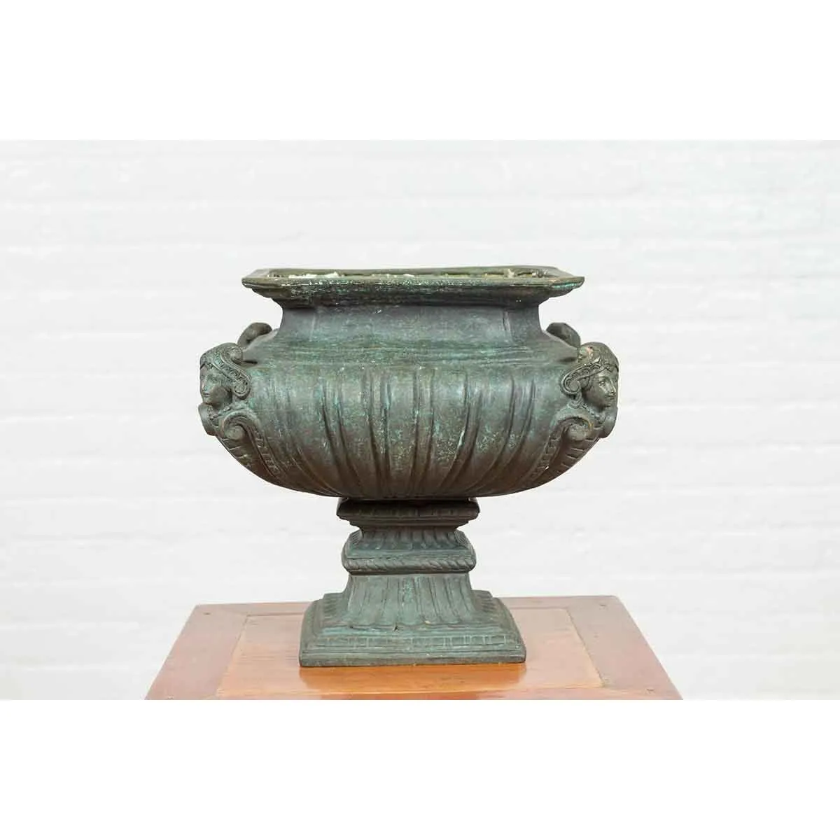 Bronze Planter with Figures, Gadroon Motifs and Verde Patina