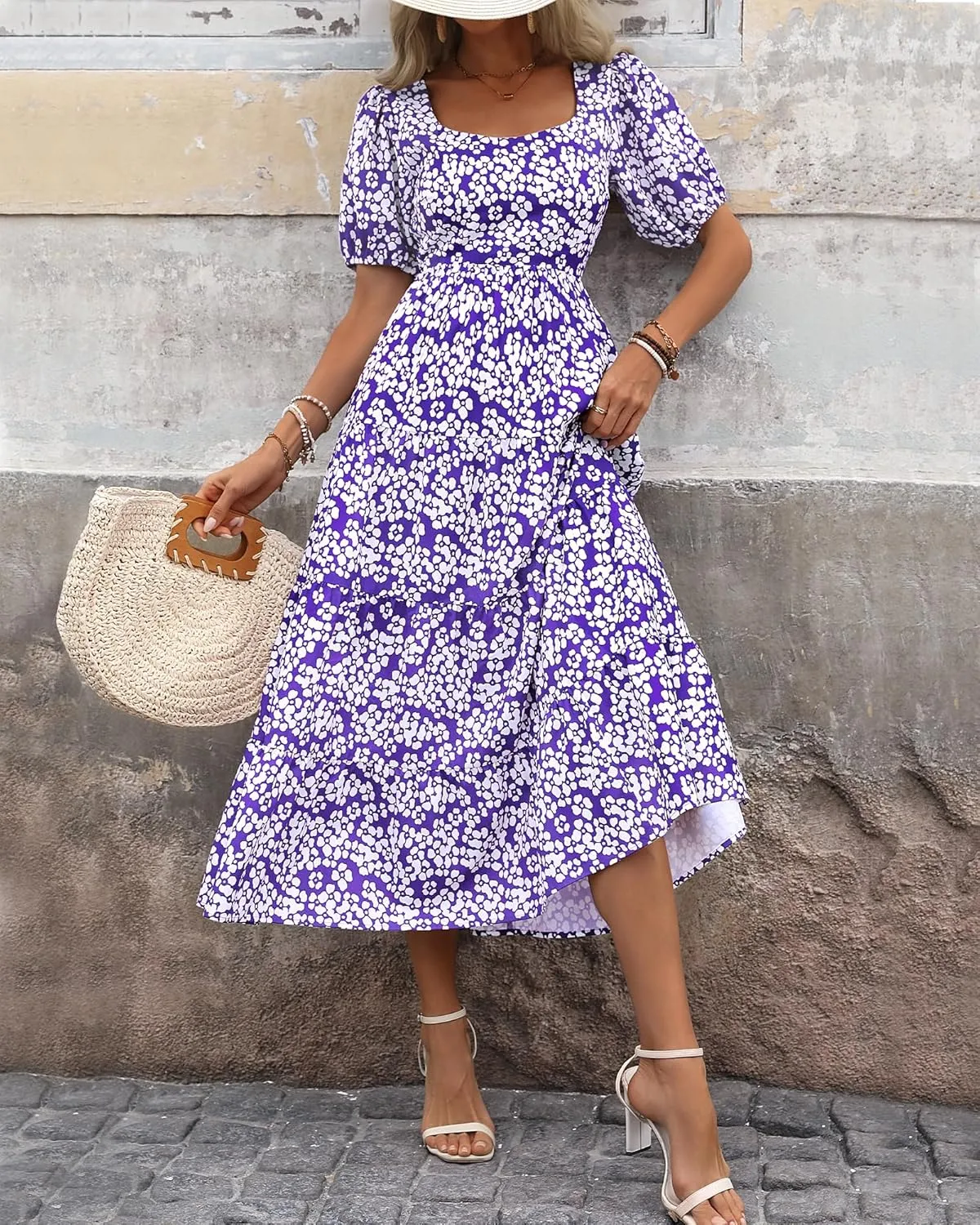 BTFBM Women's Boho Summer Dresses Short Sleeve Floral Print Smocked Tie Back Tiered A-Line Flowy Cruise Vacation Dress