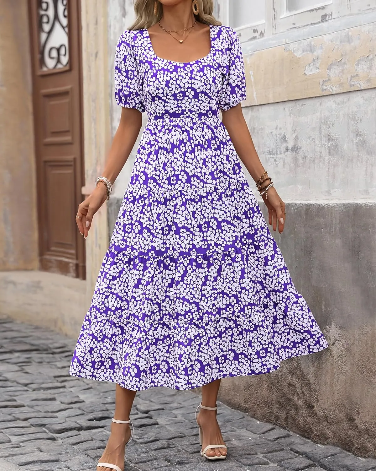 BTFBM Women's Boho Summer Dresses Short Sleeve Floral Print Smocked Tie Back Tiered A-Line Flowy Cruise Vacation Dress