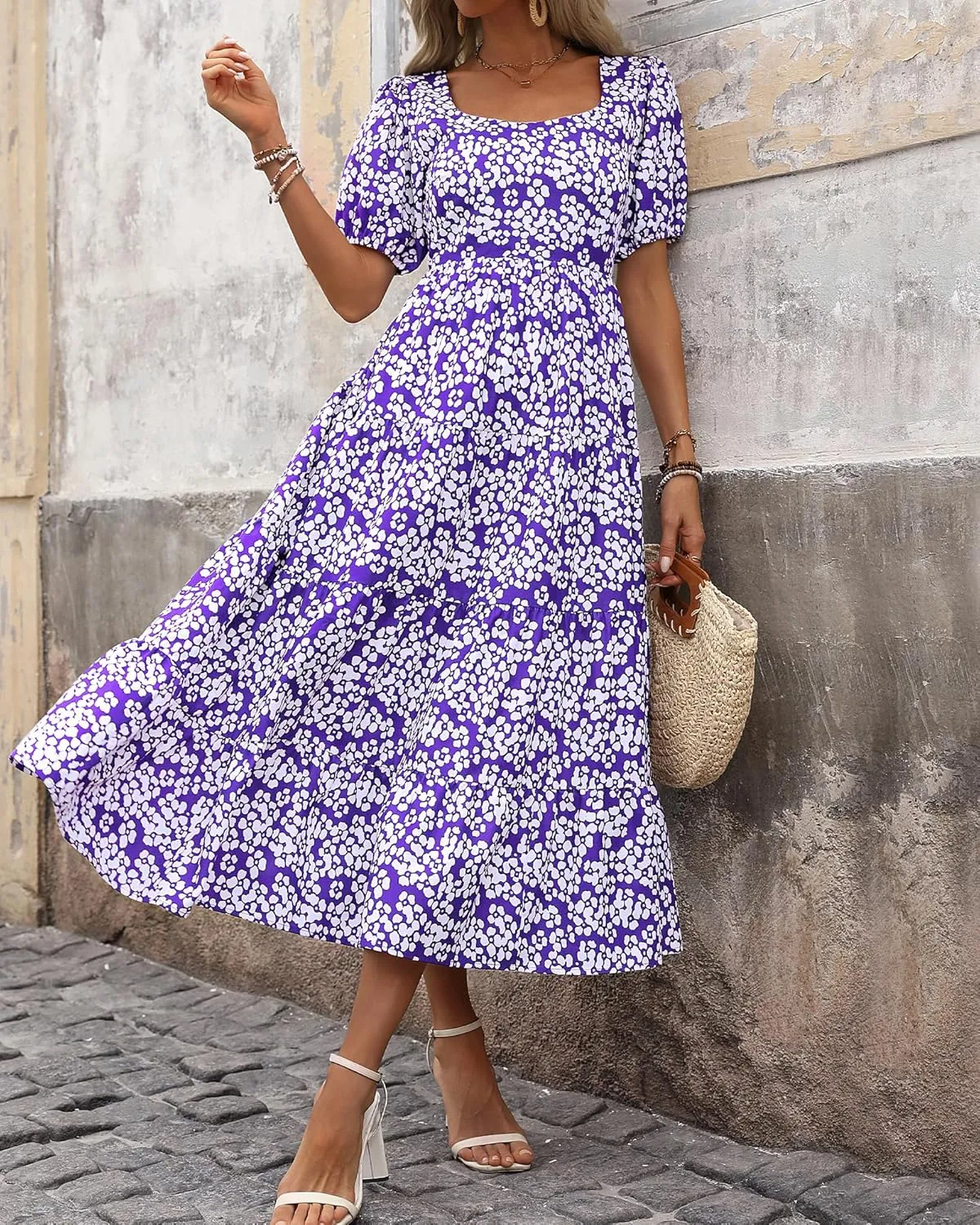 BTFBM Women's Boho Summer Dresses Short Sleeve Floral Print Smocked Tie Back Tiered A-Line Flowy Cruise Vacation Dress