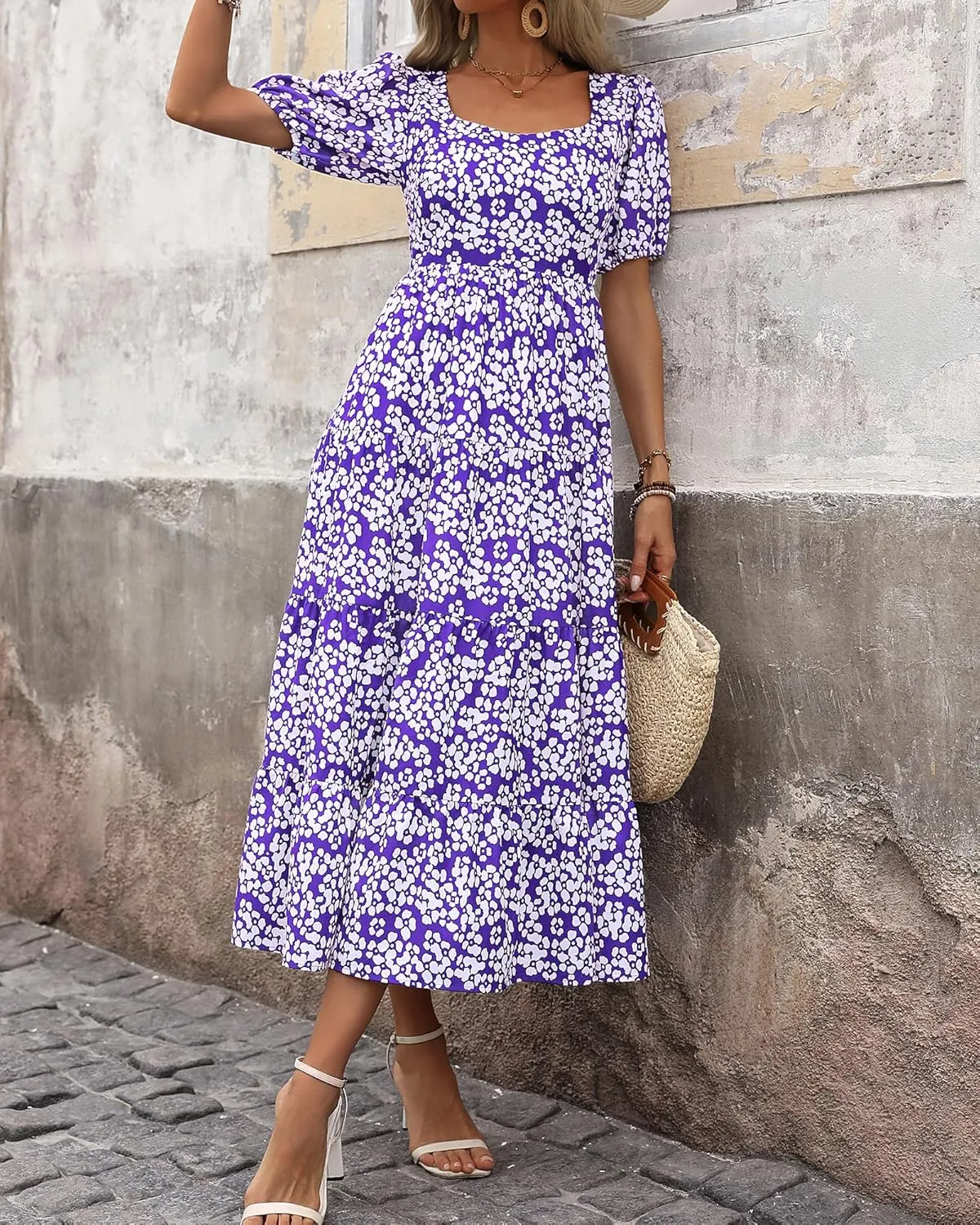 BTFBM Women's Boho Summer Dresses Short Sleeve Floral Print Smocked Tie Back Tiered A-Line Flowy Cruise Vacation Dress