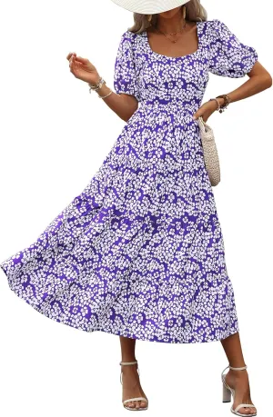 BTFBM Women's Boho Summer Dresses Short Sleeve Floral Print Smocked Tie Back Tiered A-Line Flowy Cruise Vacation Dress