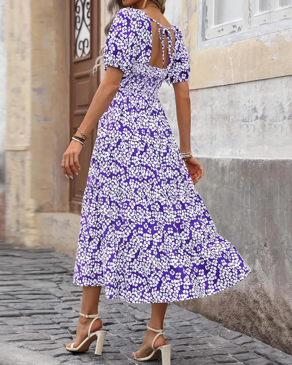 BTFBM Women's Boho Summer Dresses Short Sleeve Floral Print Smocked Tie Back Tiered A-Line Flowy Cruise Vacation Dress