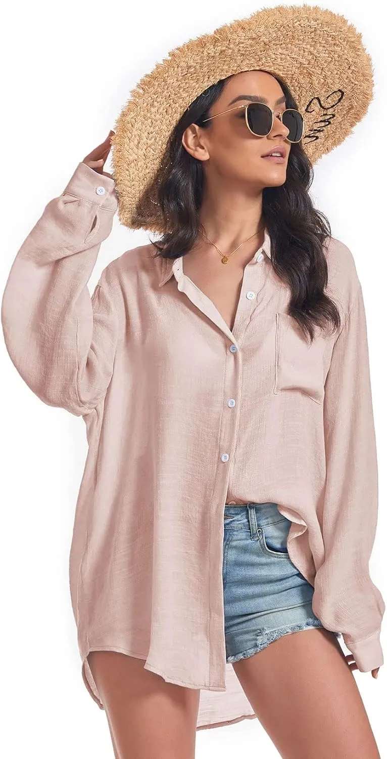 Century Star Womens Button Down Shirts Vacation Outfits Loose Fit Long Sleeve Casual Oversize Collared Blouse