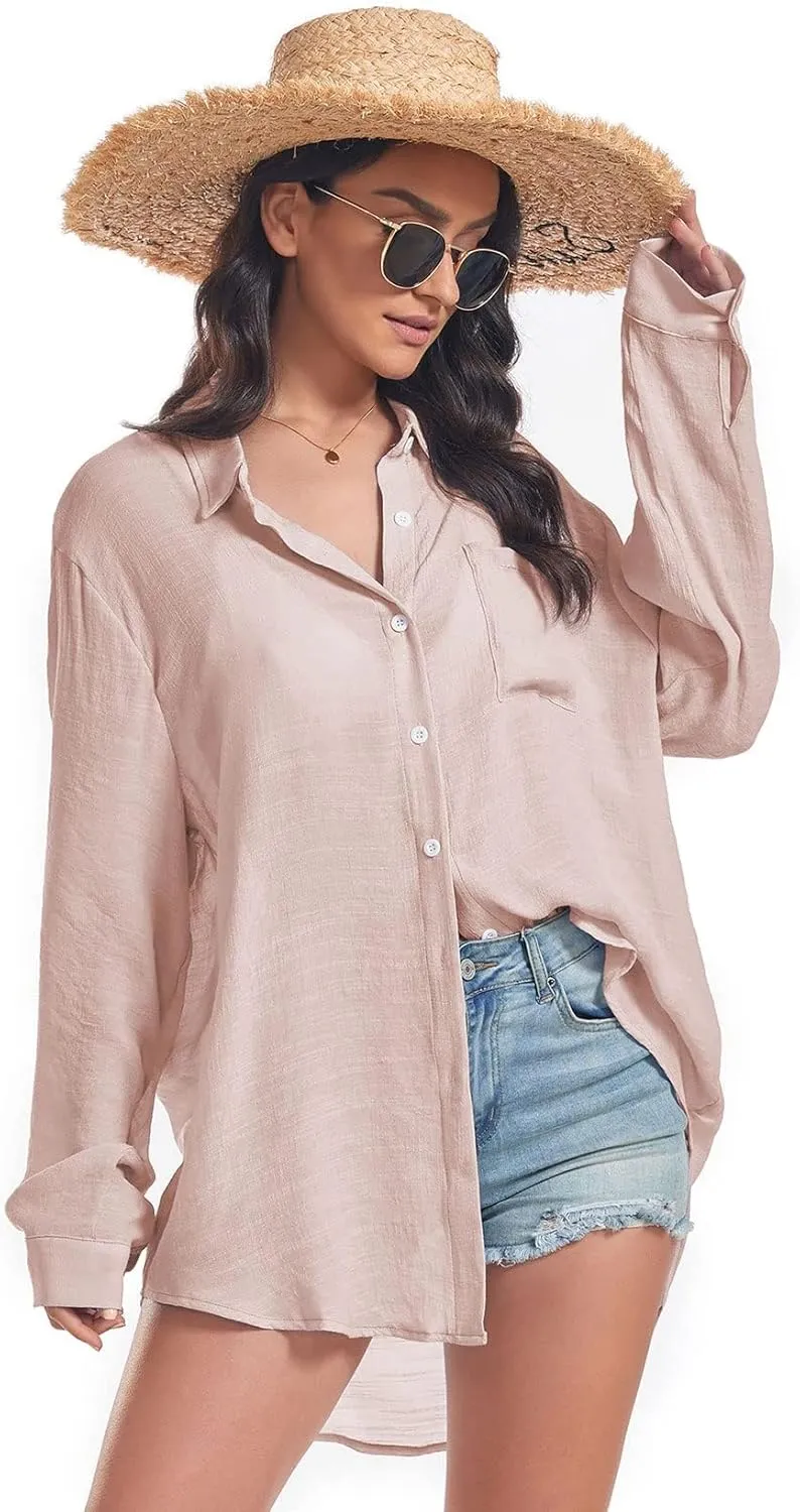 Century Star Womens Button Down Shirts Vacation Outfits Loose Fit Long Sleeve Casual Oversize Collared Blouse