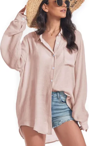 Century Star Womens Button Down Shirts Vacation Outfits Loose Fit Long Sleeve Casual Oversize Collared Blouse