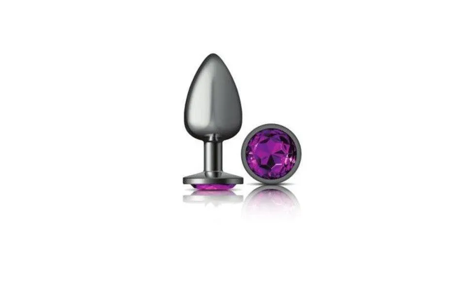 Cheeky Charms Gunmetal Round Butt Plug w Purple Jewel Large