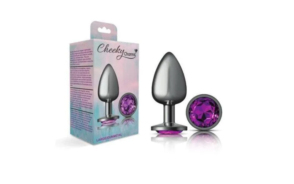 Cheeky Charms Gunmetal Round Butt Plug w Purple Jewel Large