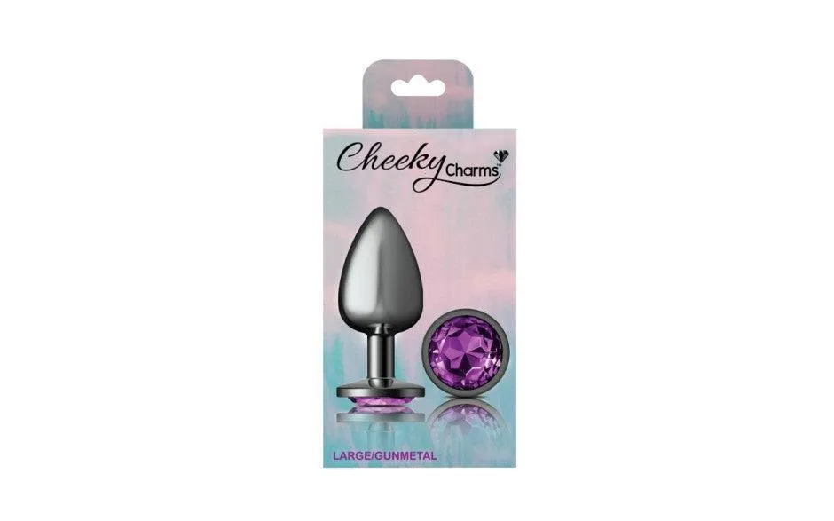 Cheeky Charms Gunmetal Round Butt Plug w Purple Jewel Large