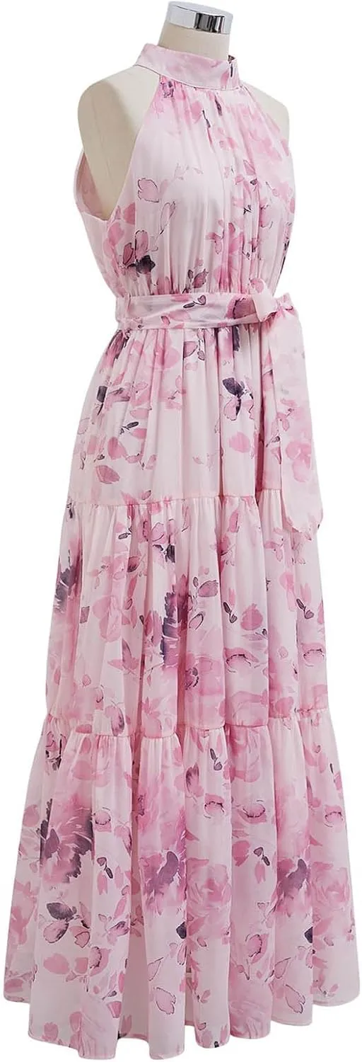 CHICWISH Women Halter Neck Maxi Dress Floral Print Sleeveless Flowy Summer Garden Party Long Dresses with Belt Mint