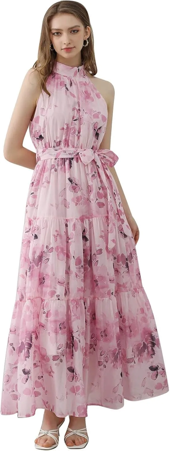 CHICWISH Women Halter Neck Maxi Dress Floral Print Sleeveless Flowy Summer Garden Party Long Dresses with Belt Mint