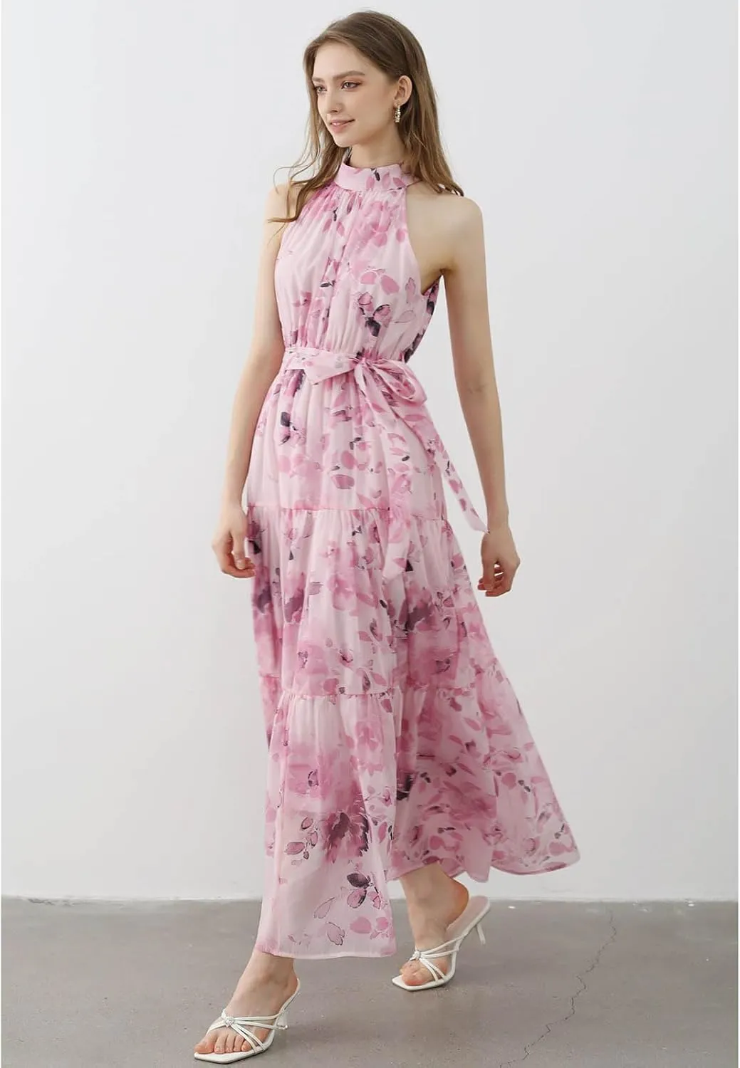 CHICWISH Women Halter Neck Maxi Dress Floral Print Sleeveless Flowy Summer Garden Party Long Dresses with Belt Mint