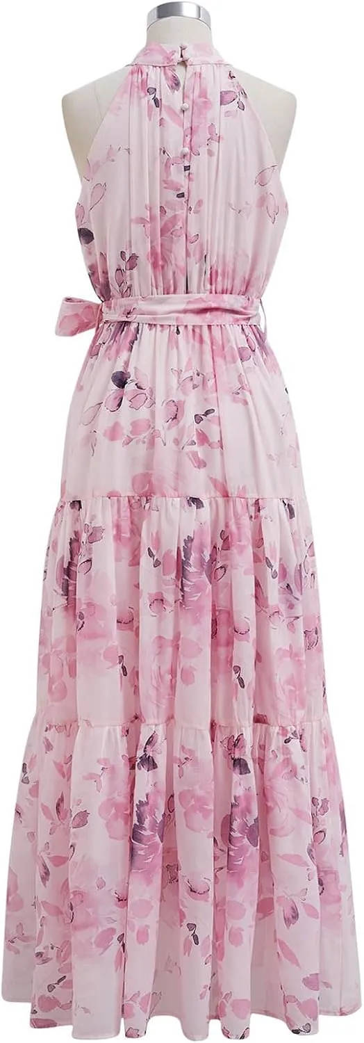 CHICWISH Women Halter Neck Maxi Dress Floral Print Sleeveless Flowy Summer Garden Party Long Dresses with Belt Mint