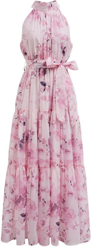 CHICWISH Women Halter Neck Maxi Dress Floral Print Sleeveless Flowy Summer Garden Party Long Dresses with Belt Mint