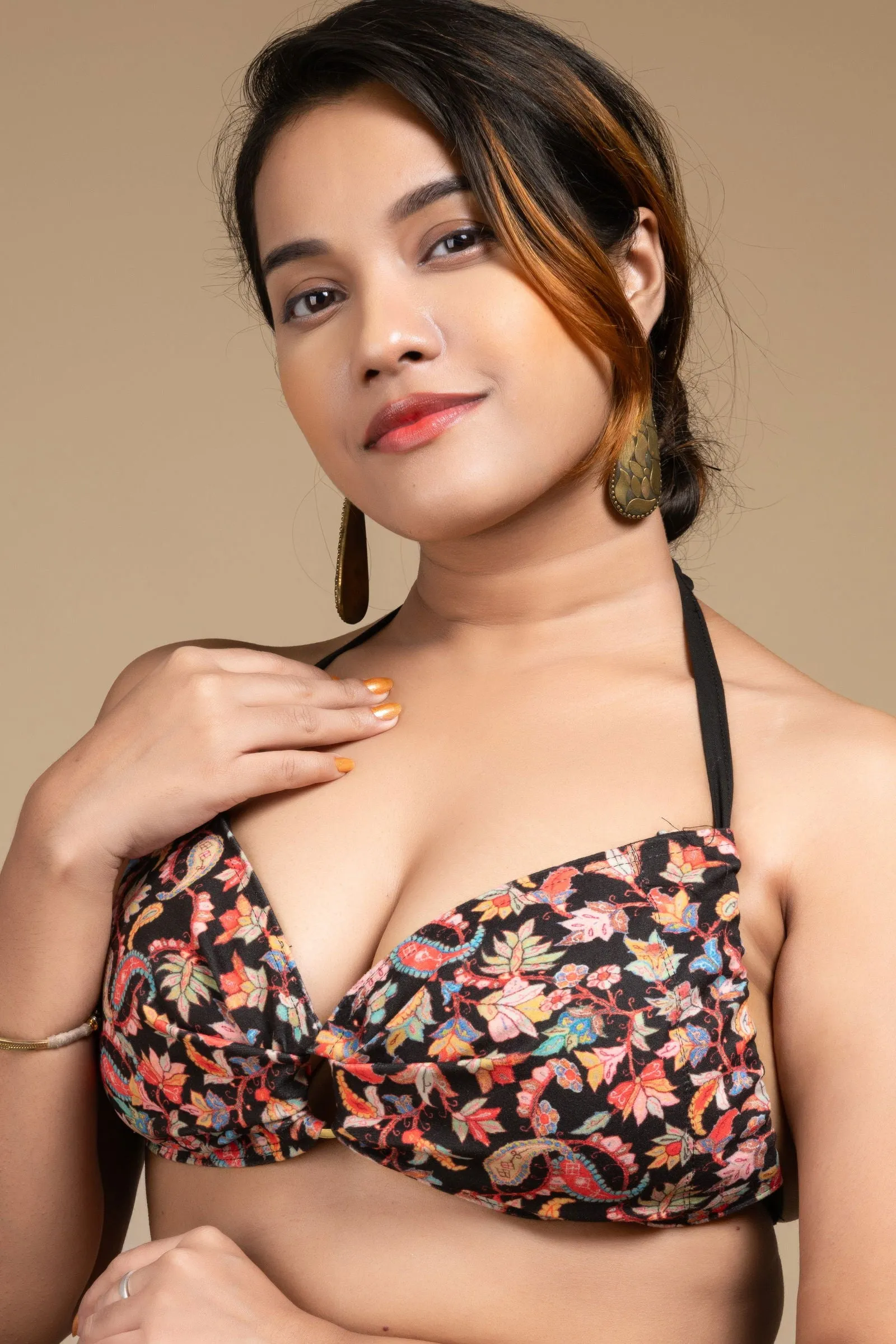 Designer Bikini Top - Velvet Self Design Backless Halter Neck Non-Padded Blouse for Women