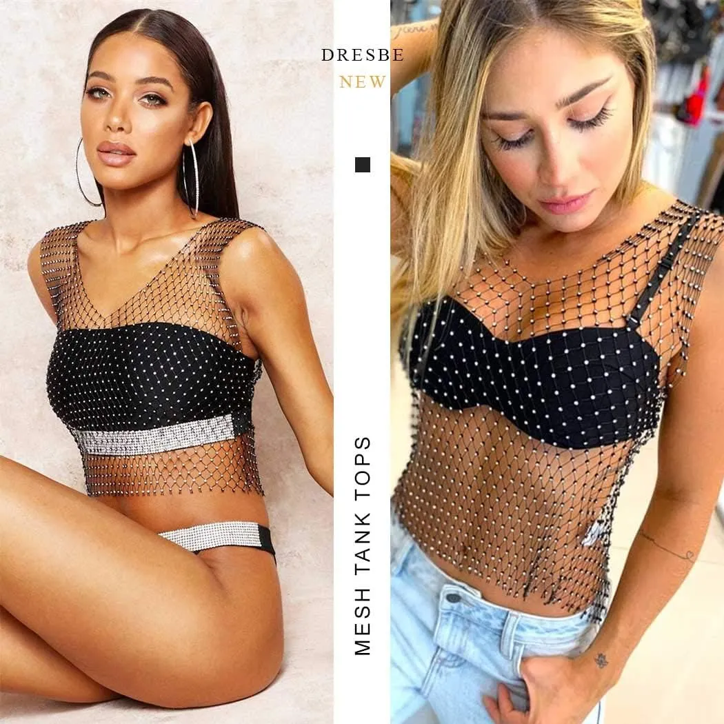 DRESBE womens Hollow Rhinestone Mesh Tank Tops Bikini Concert Party Crop Top