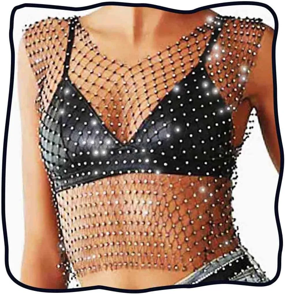 DRESBE womens Hollow Rhinestone Mesh Tank Tops Bikini Concert Party Crop Top