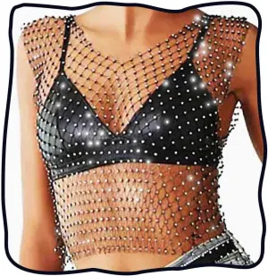 DRESBE womens Hollow Rhinestone Mesh Tank Tops Bikini Concert Party Crop Top