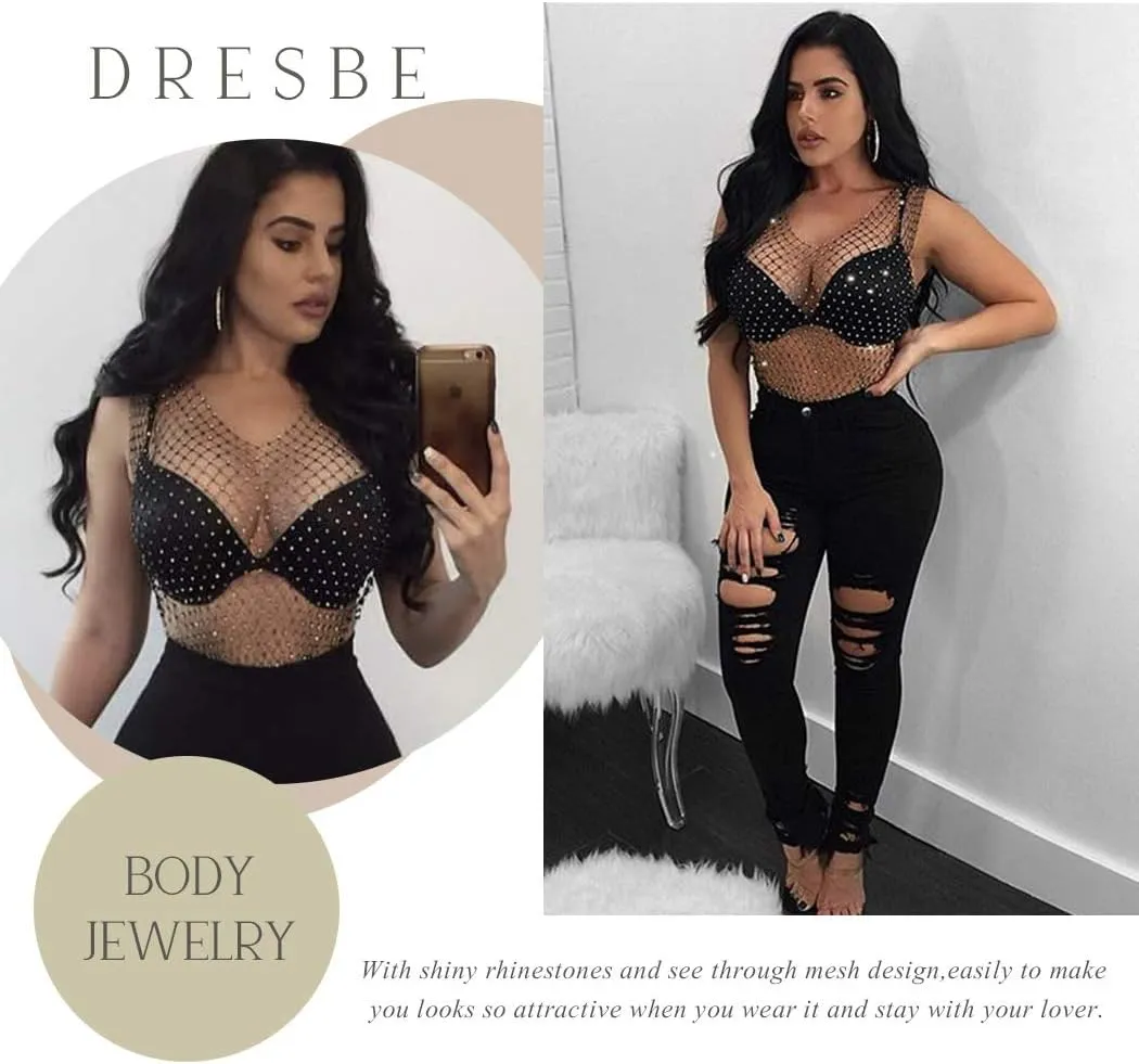 DRESBE womens Hollow Rhinestone Mesh Tank Tops Bikini Concert Party Crop Top