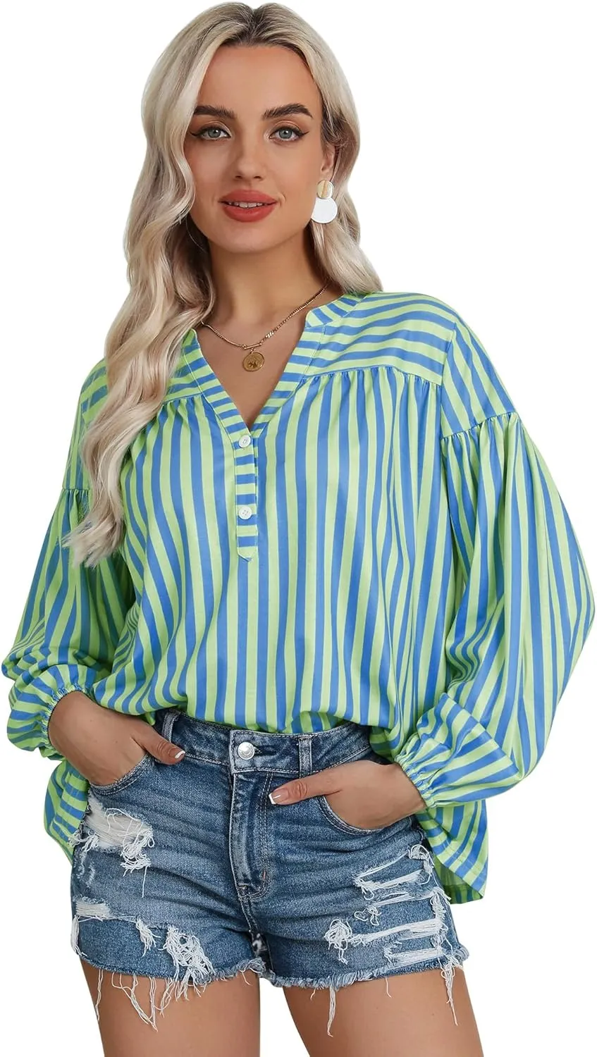 Dresswel Women's Oversized Striped Long Lantern Sleeve Shirt Plus Size Botton Down V Neck Tops