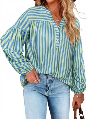 Dresswel Women's Oversized Striped Long Lantern Sleeve Shirt Plus Size Botton Down V Neck Tops